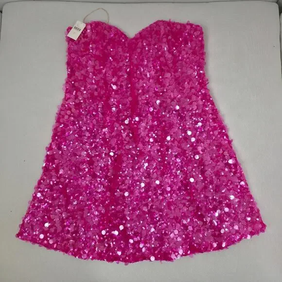 HELSI Fuchsia Pink Strapless Mimi Mini Sequin Dress Sz Large NWT - Picture 2 of 10